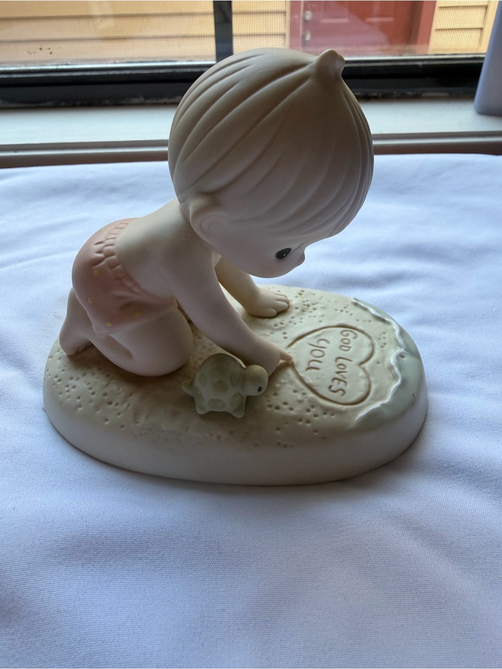 Precious Moments Pale Pink & Cream Baby Figurine Playing on Sand